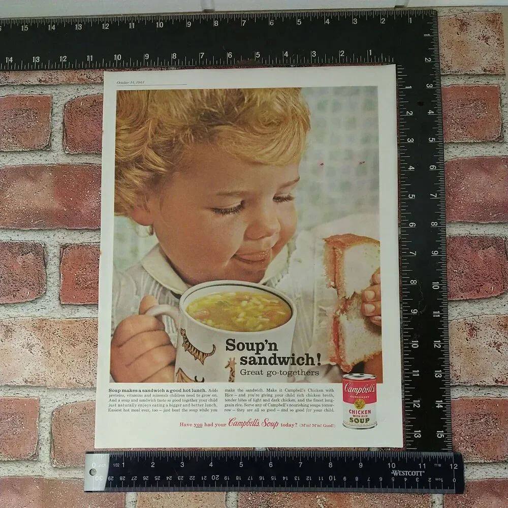 Campbell's Soup N Sandwich - Girl Bowl Chicken Soup - 1961 Vtg PRINT AD Ephemera
